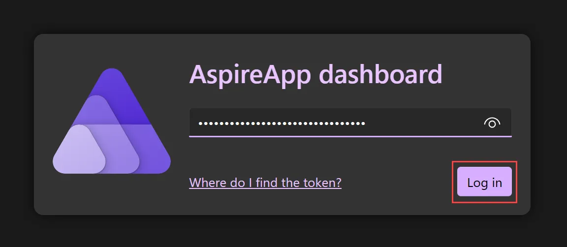 Aspire dashboard login page with the token pasted into the textbox.