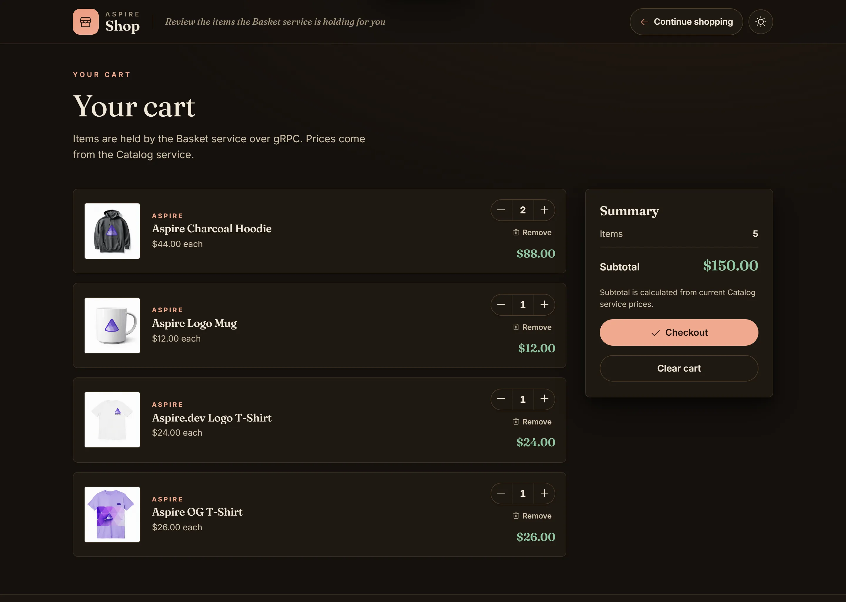 Screenshot of the shopping cart in the Aspire Shop sample
