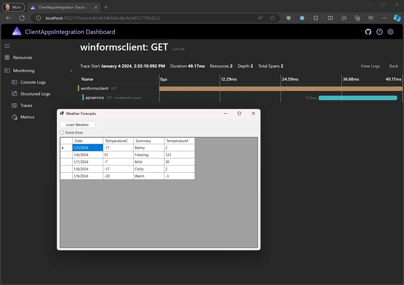 Screenshot of the Working with client apps in an Aspire application sample