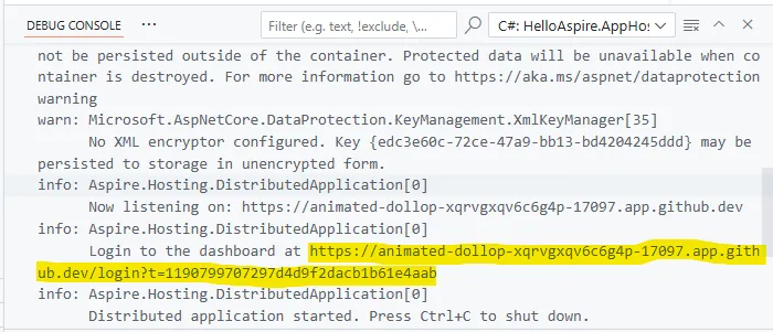 Screenshot of the Debug Console showing the Aspire dashboard URL with authentication token.