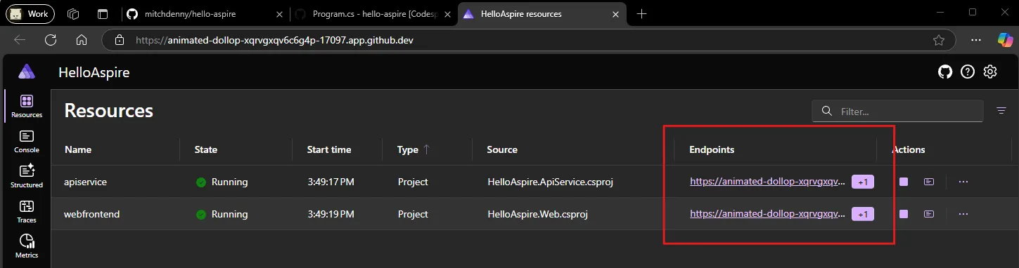 Screenshot of the Aspire dashboard showing translated URLs using GitHub Codespaces domains.