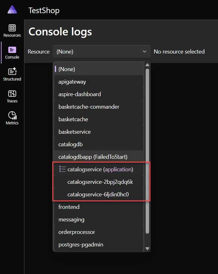 Aspire dashboard: Console logs page resource selector with nested replica resources.