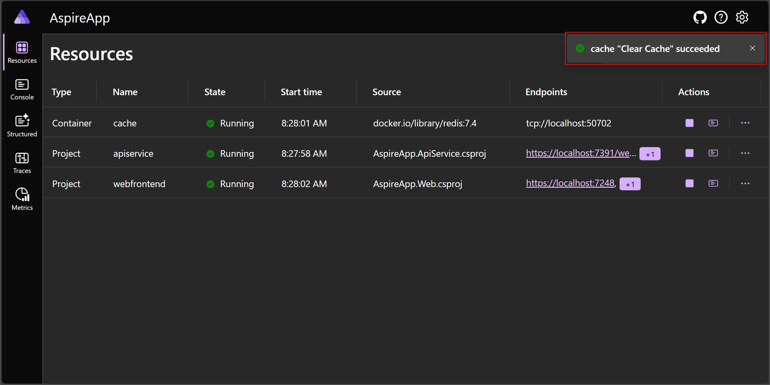 Aspire dashboard: Redis cache resource with custom command executed.