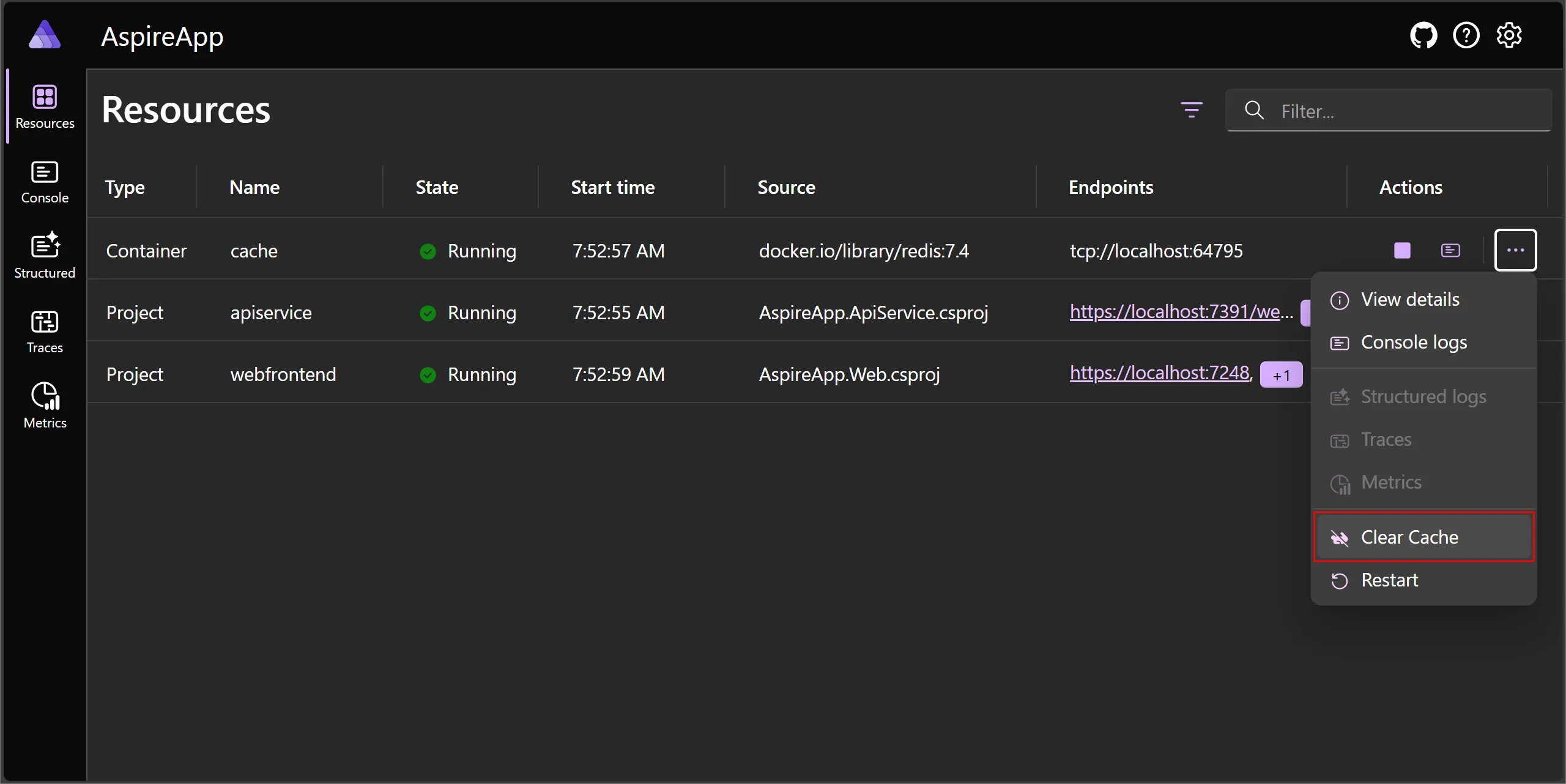 Aspire dashboard: Redis cache resource with custom command displayed.