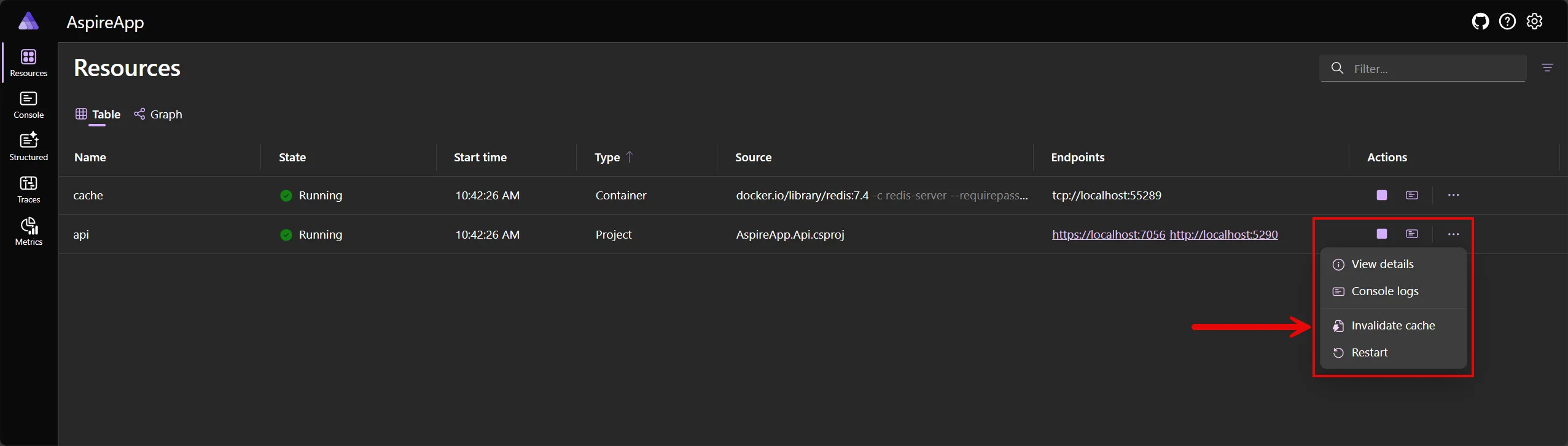 Aspire dashboard: Resources page showing a custom HTTP command in the ellipsis menu.