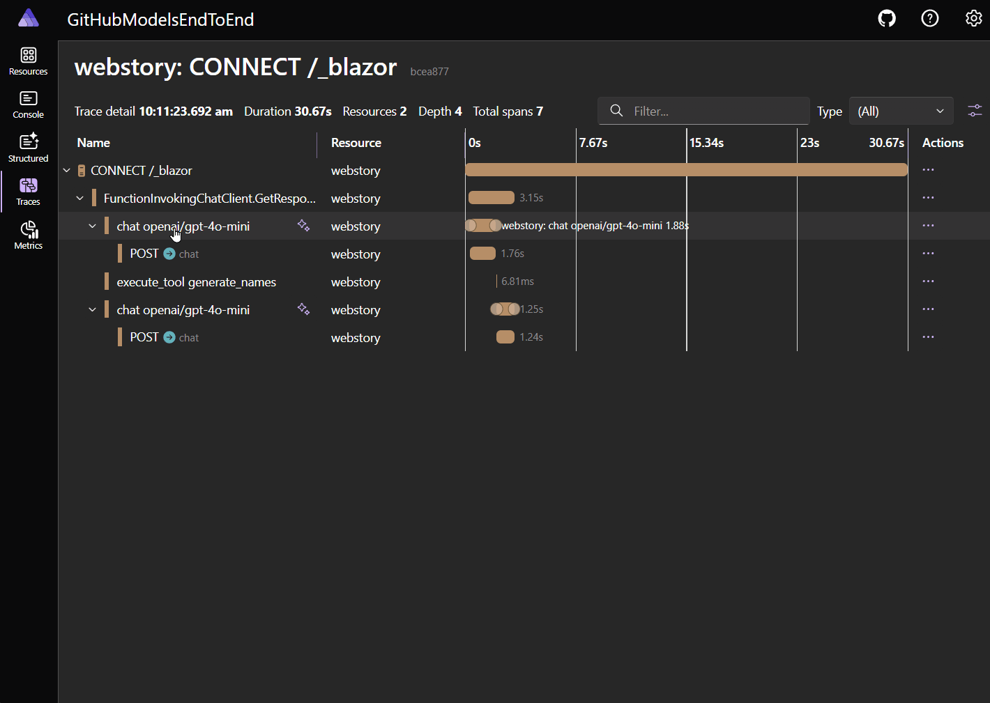 An animated screenshot of the Aspire dashboard GenAI telemetry visualizer in action.