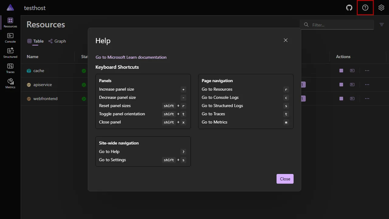 Aspire dashboard Help modal dialog.