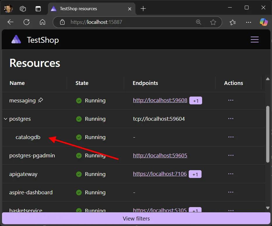 A screenshot of the Aspire dashboard showing the Postgres resource with a database nested underneath it