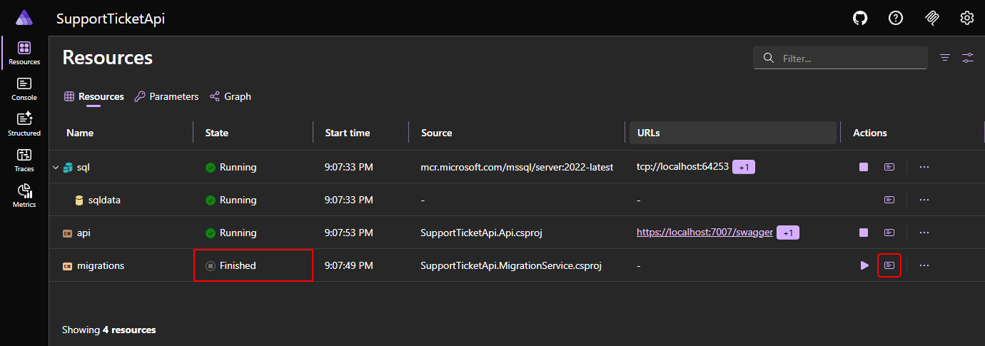 A screenshot of the Aspire dashboard with the migration service in a Finished state.