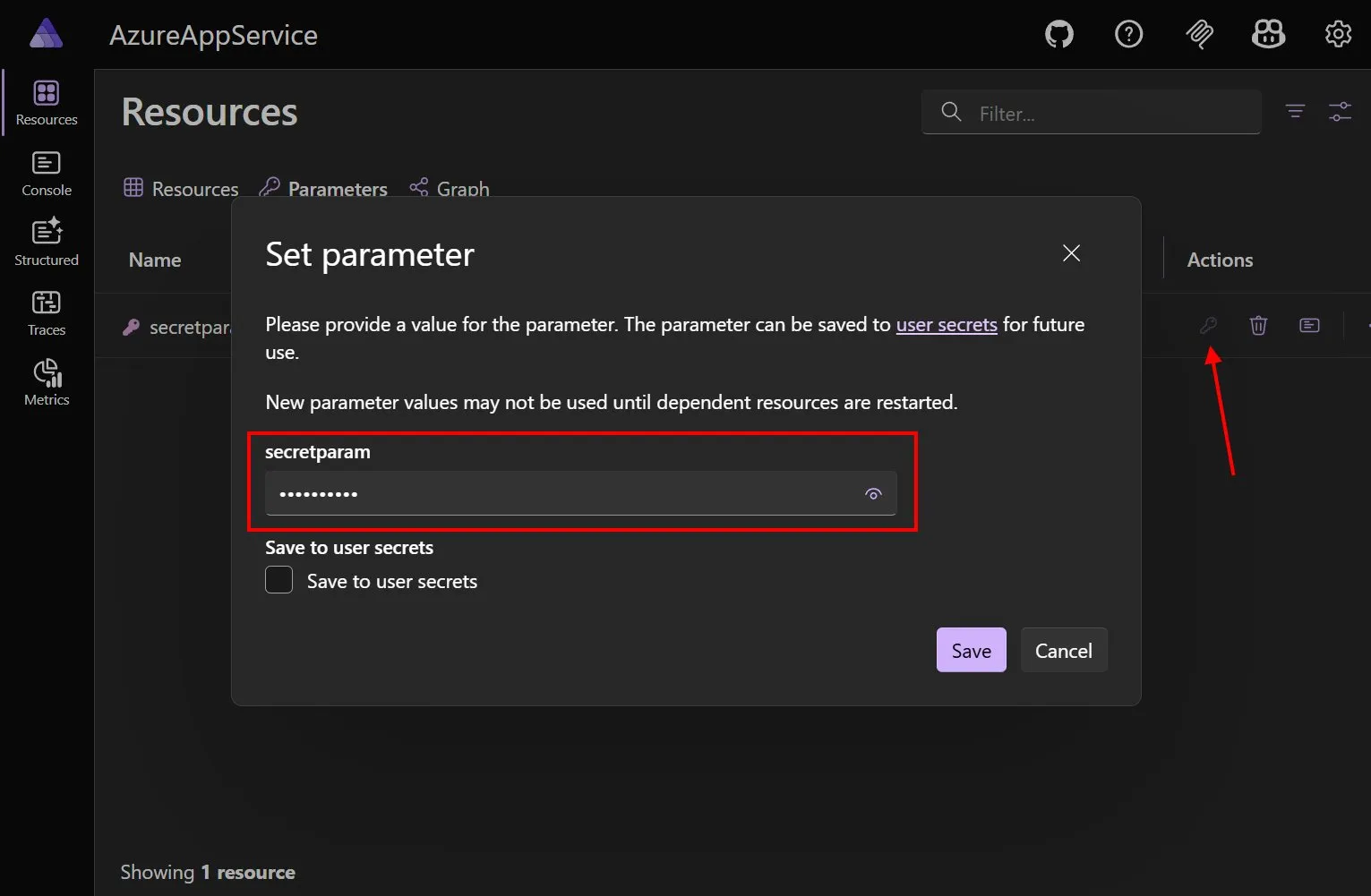 Dashboard dialog for setting a parameter value with an option to save to user secrets