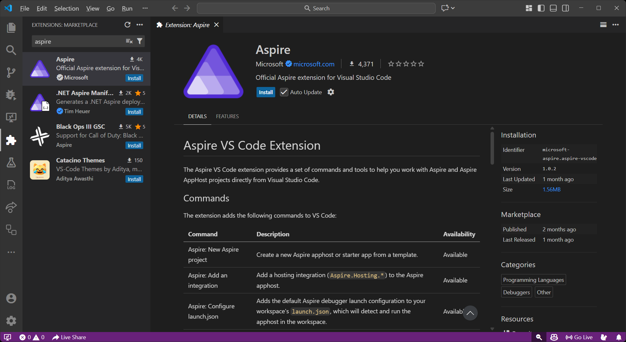 VS Code Extensions marketplace showing the Aspire extension.