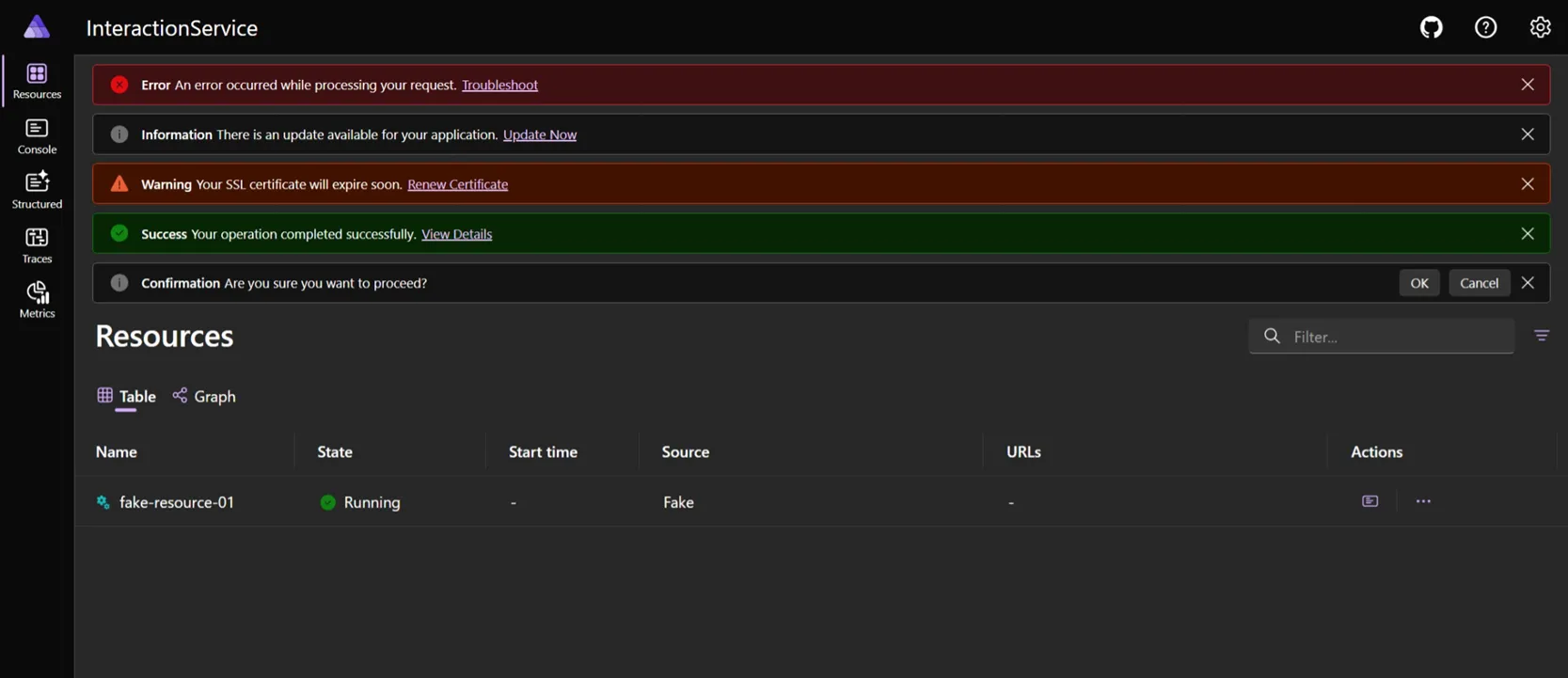 Aspire dashboard interface showing multiple notification messages stacked near the top of the page. There are five notifications displayed, each with a different type of notification.