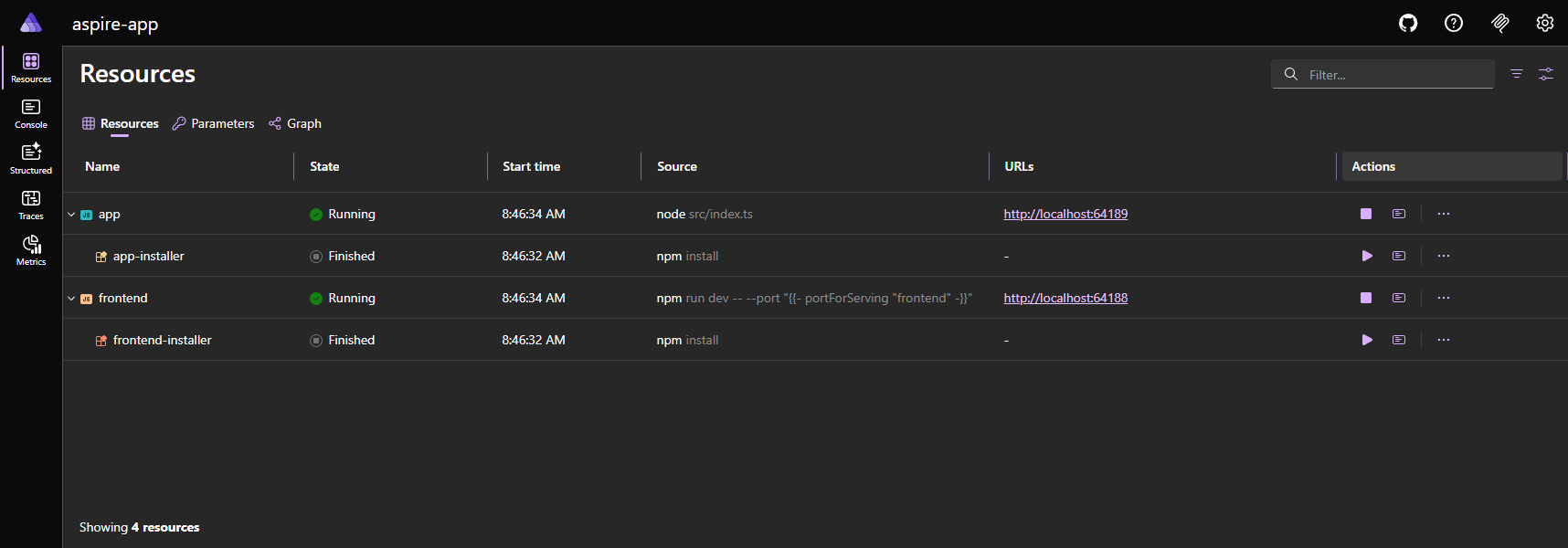 Aspire dashboard Resources page displaying two running and two finished resources: app and frontend. Both app and frontend are marked as Running with green check icons while their installer resources show as Finished. The table lists columns for Name, State, Start time, Source, URLs, and Actions.