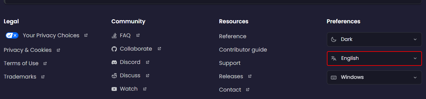 Language selector dropdown in the footer Preferences section