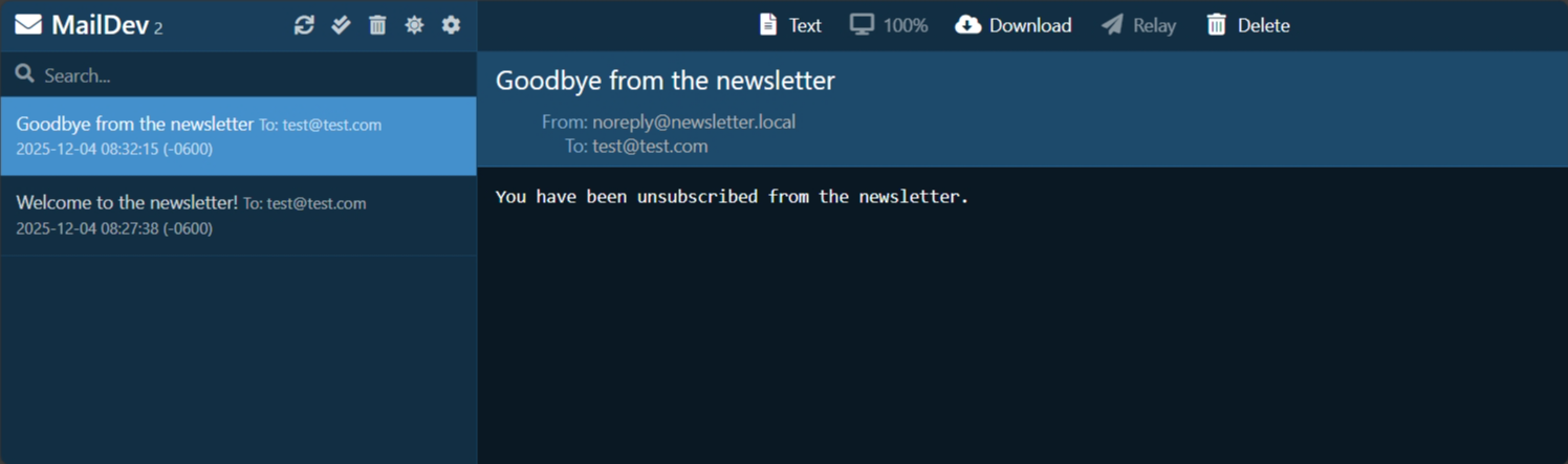 MailDev inbox with multiple emails.