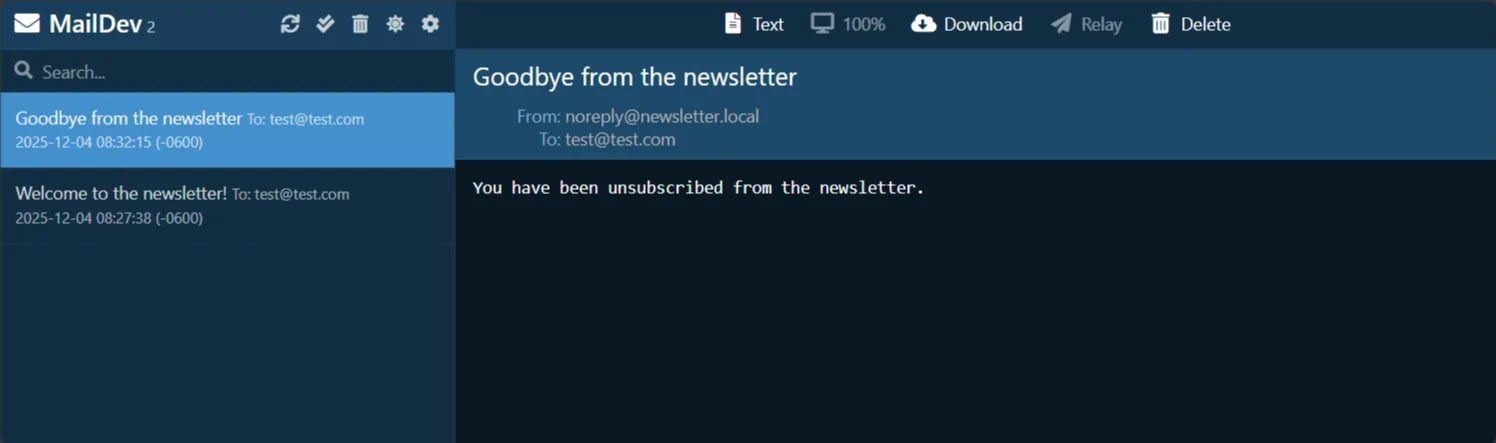 MailDev inbox with multiple emails.