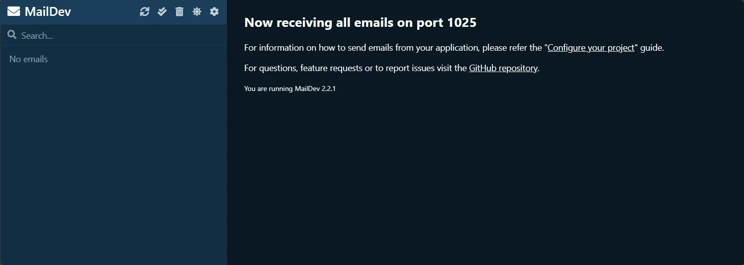 MailDev web-based user interface running as a container managed by Aspire.