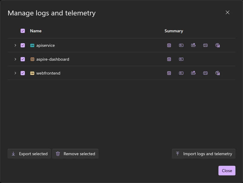 A screenshot of the Aspire dashboard Manage logs and telemetry dialog, showing resources with available data types and export, remove, and import buttons.