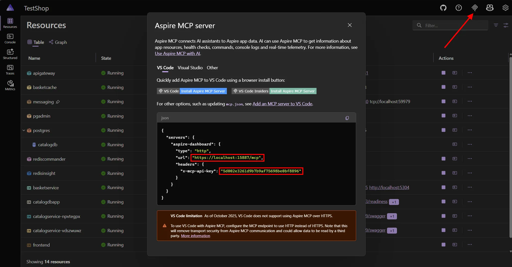 Aspire Dashboard MCP server configuration dialog showing connection details for AI assistants.