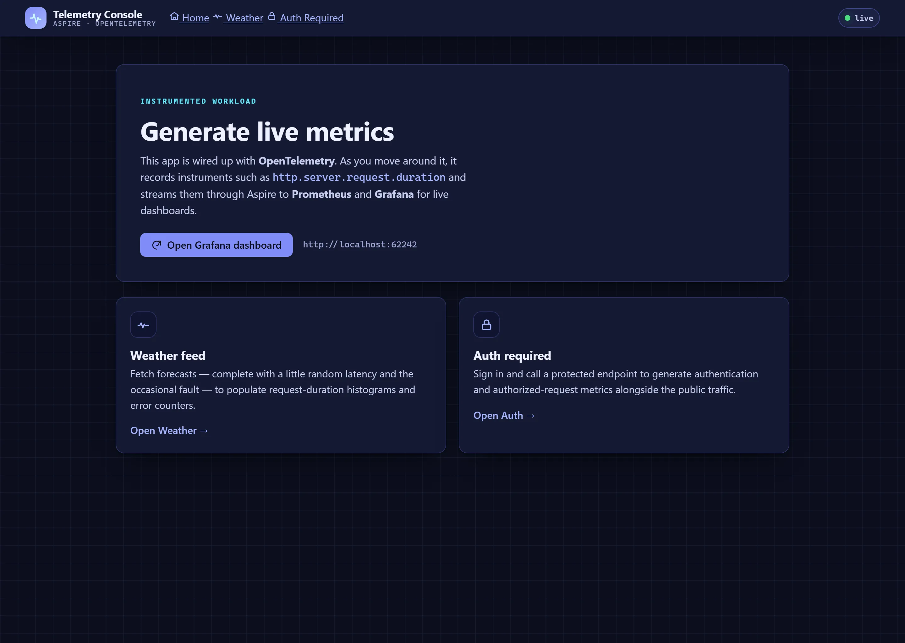 The metrics app home page
