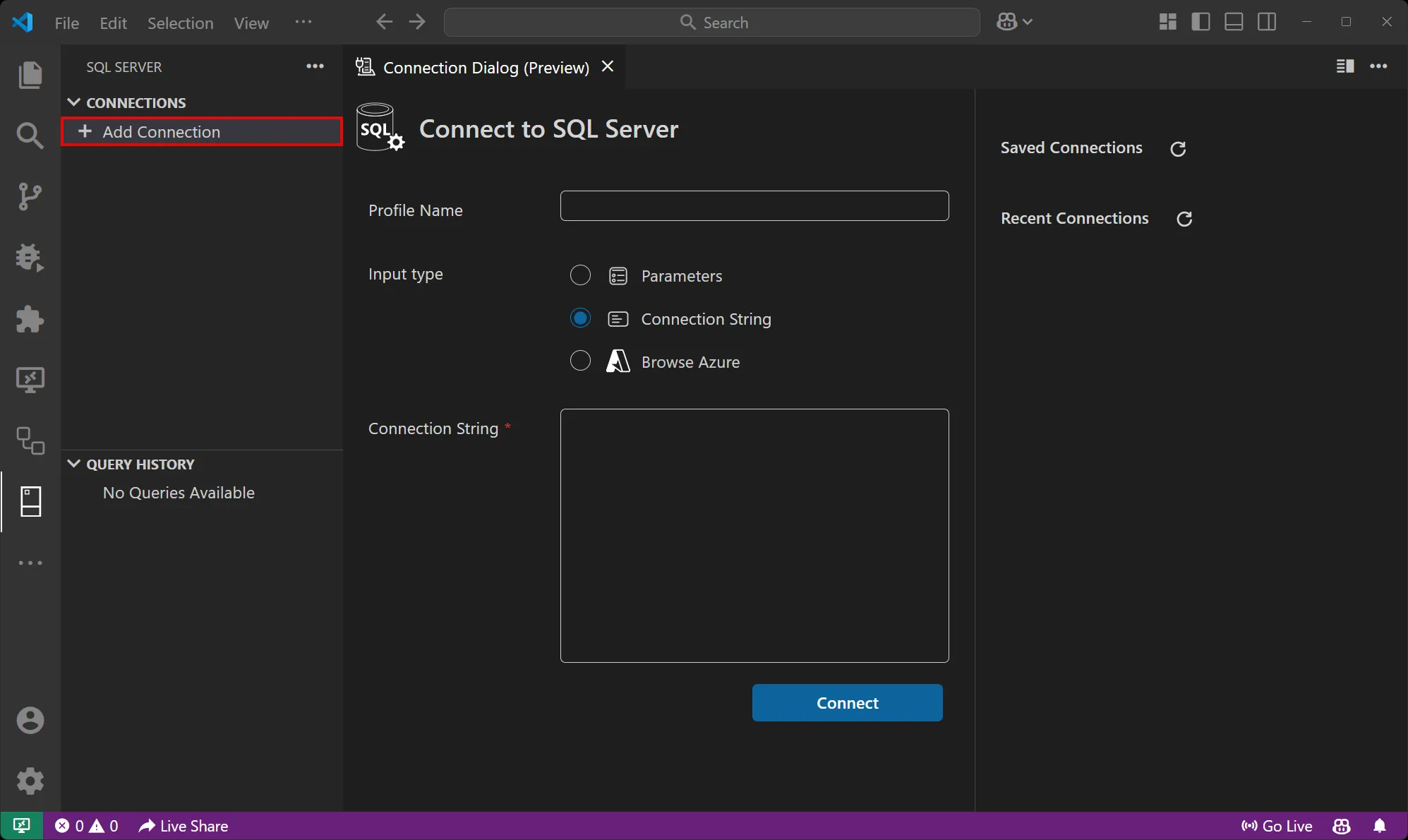 MSSQL for Visual Studio Code: Connections / add connection screen capture.
