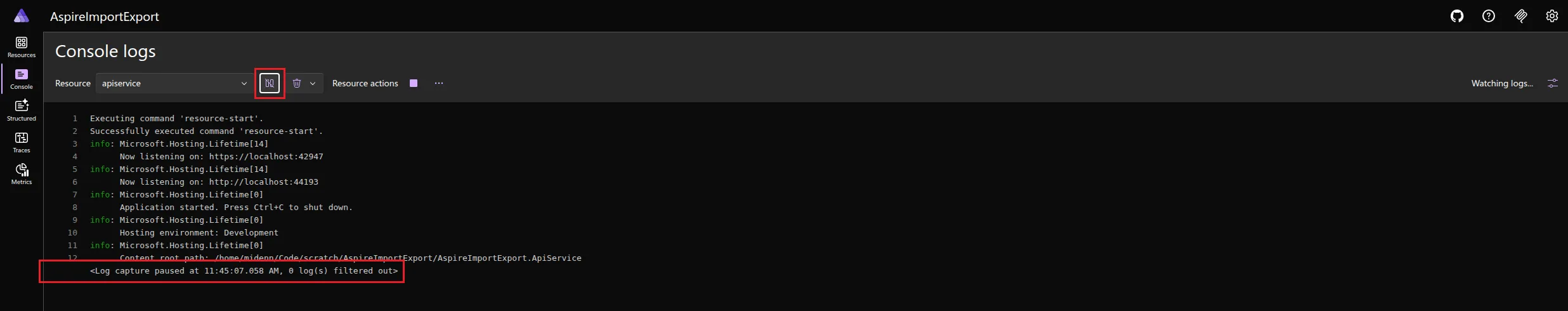 A screenshot of the Aspire dashboard Console logs page, showing how to pause telemetry.