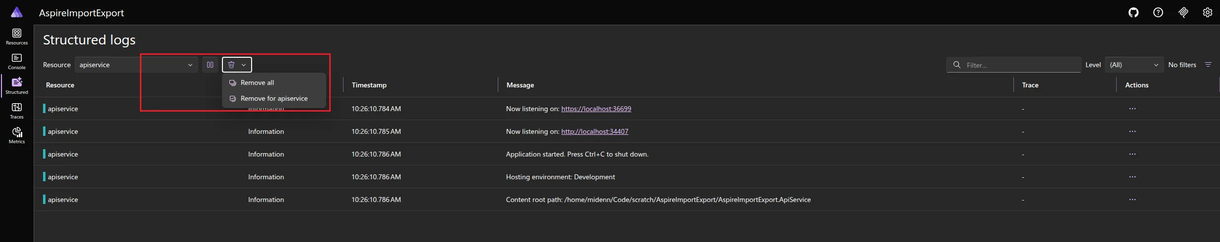 A screenshot of the Aspire dashboard Structured logs page, showing how to remove telemetry.
