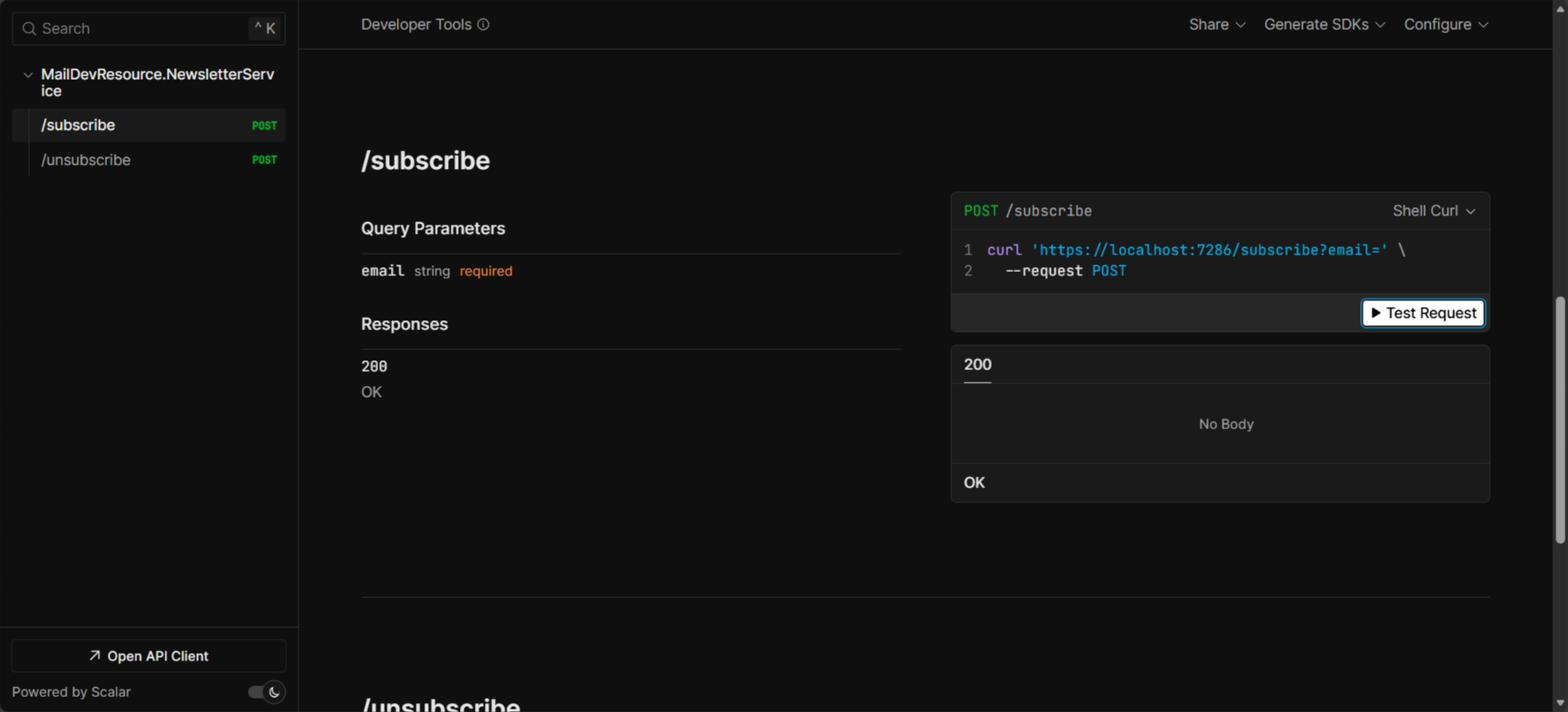 Scalar UI: Subscribe endpoint.