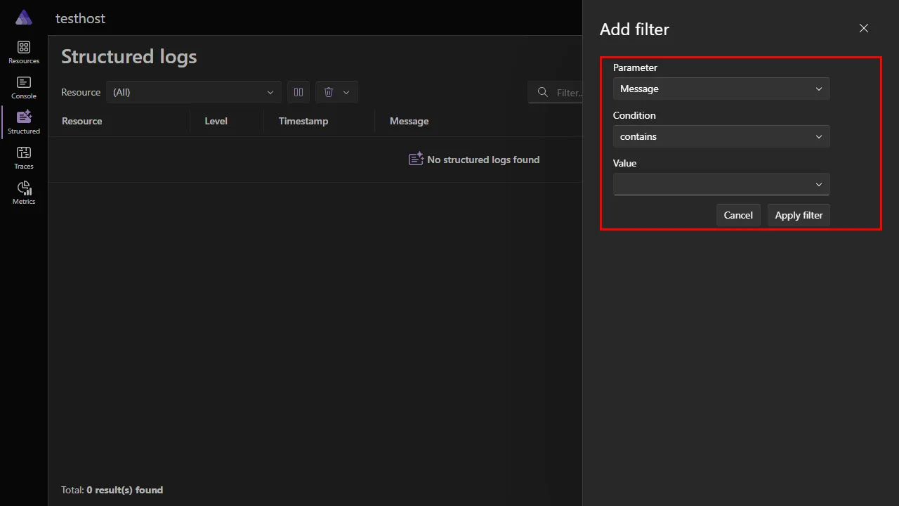 A screenshot of the Aspire dashboard Structured logs page showing the filter dialog.