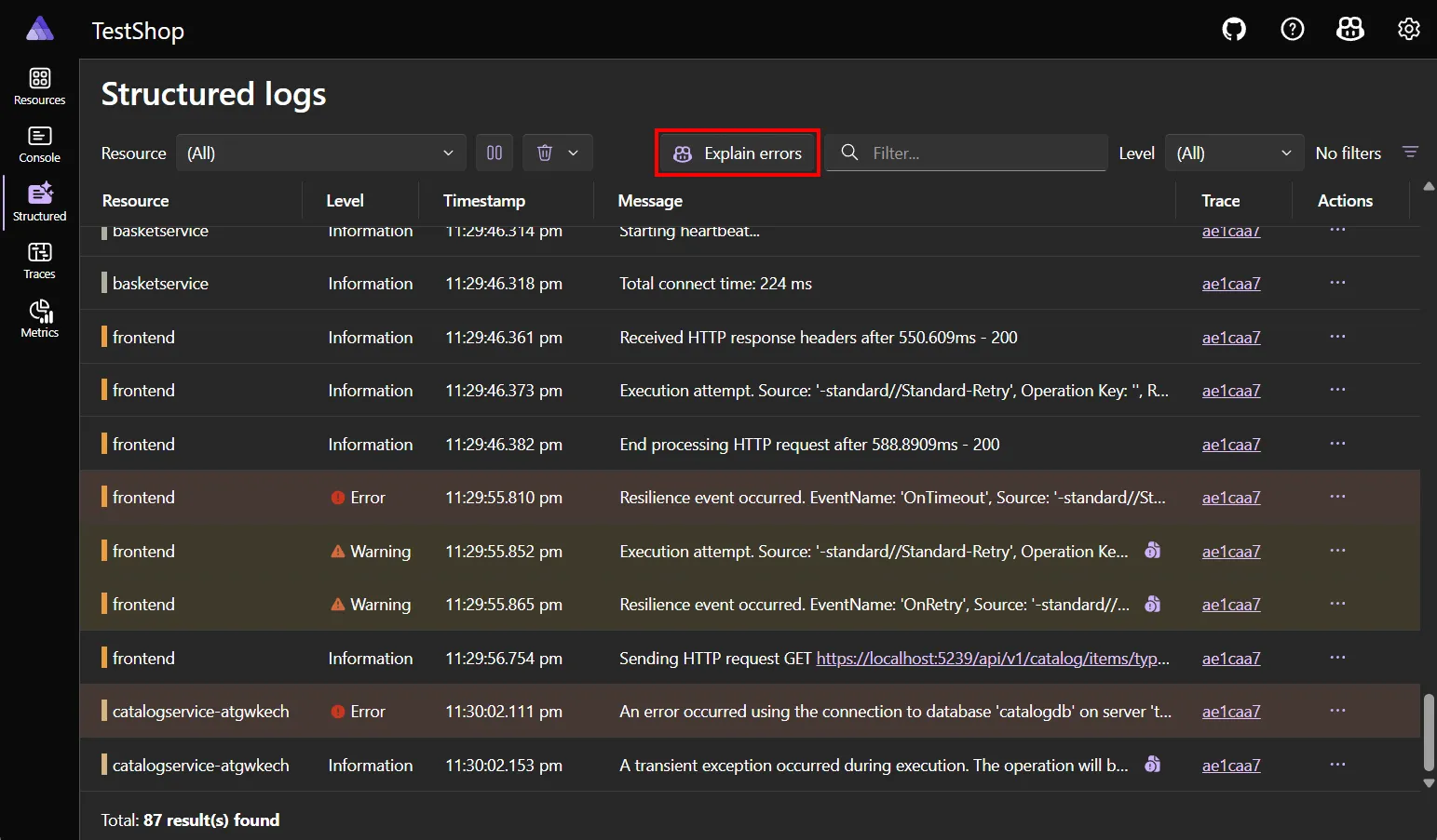 Aspire Dashboard structured logs view with Copilot explaining an error and suggesting a fix.