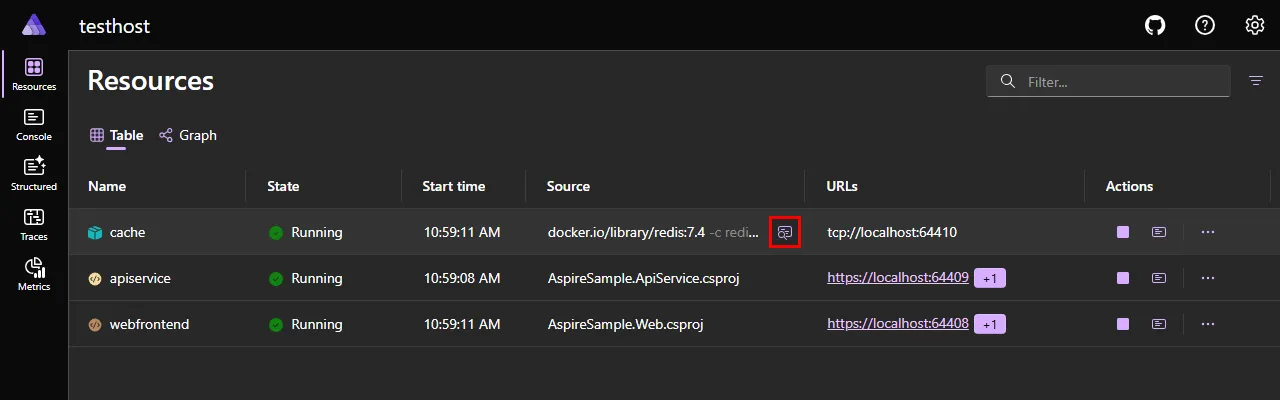 A screenshot of the Aspire dashboard Resources page, showing the ellipsis menu options.