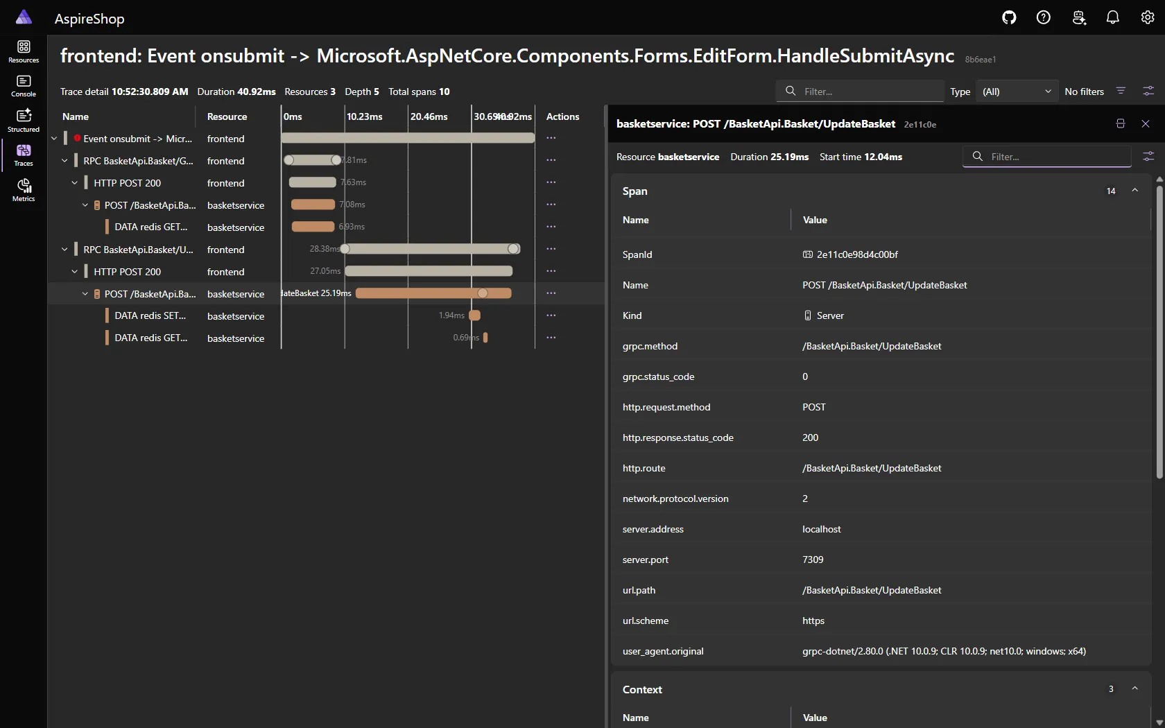 Aspire dashboard trace detail waterfall for an add-to-cart request across the frontend, basket service, and cache, with span attributes.