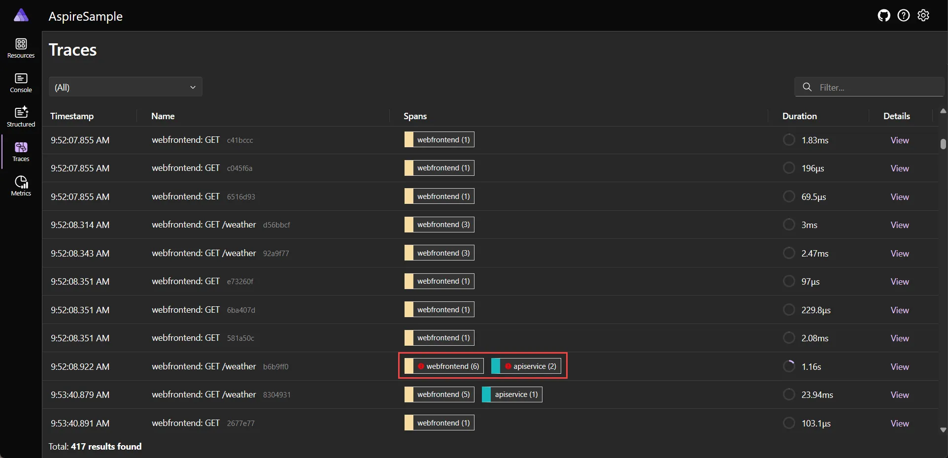 A screenshot of the Aspire dashboard Traces page, showing traces with errors.