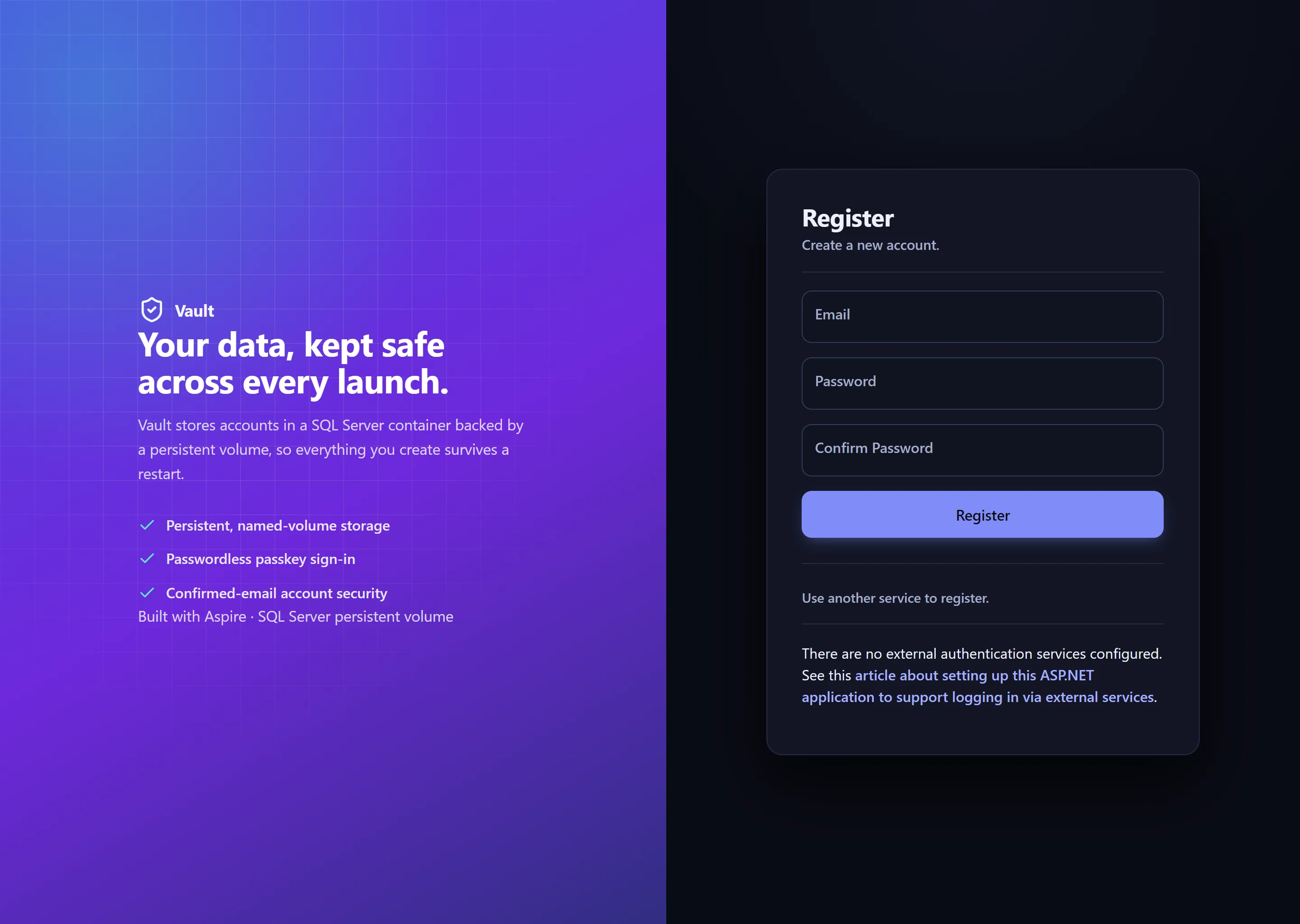 Screenshot of the account registration page on the web front end